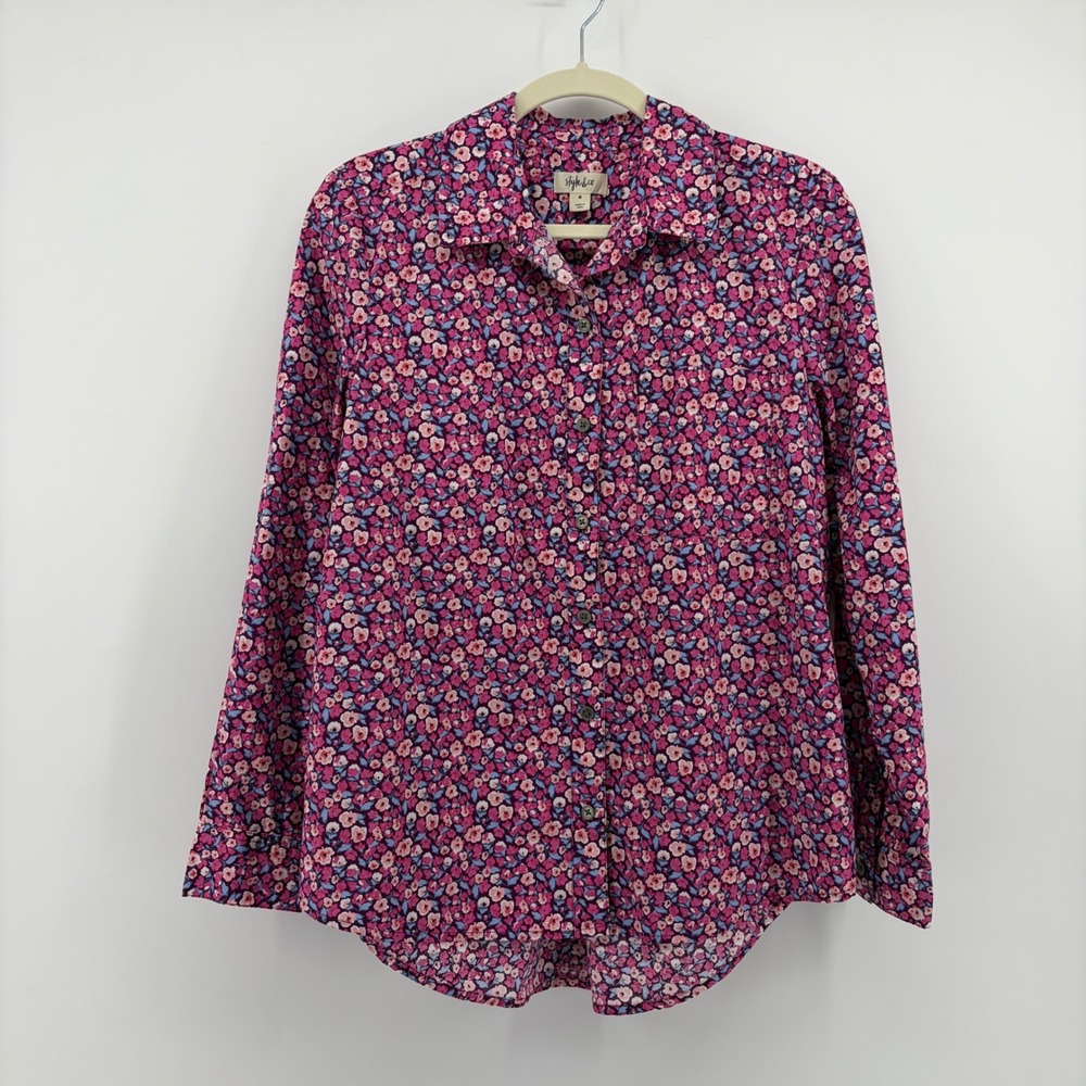 Style & Co Womens Medium Pink Floral Button Down Shirt Cotton Long Sleeve